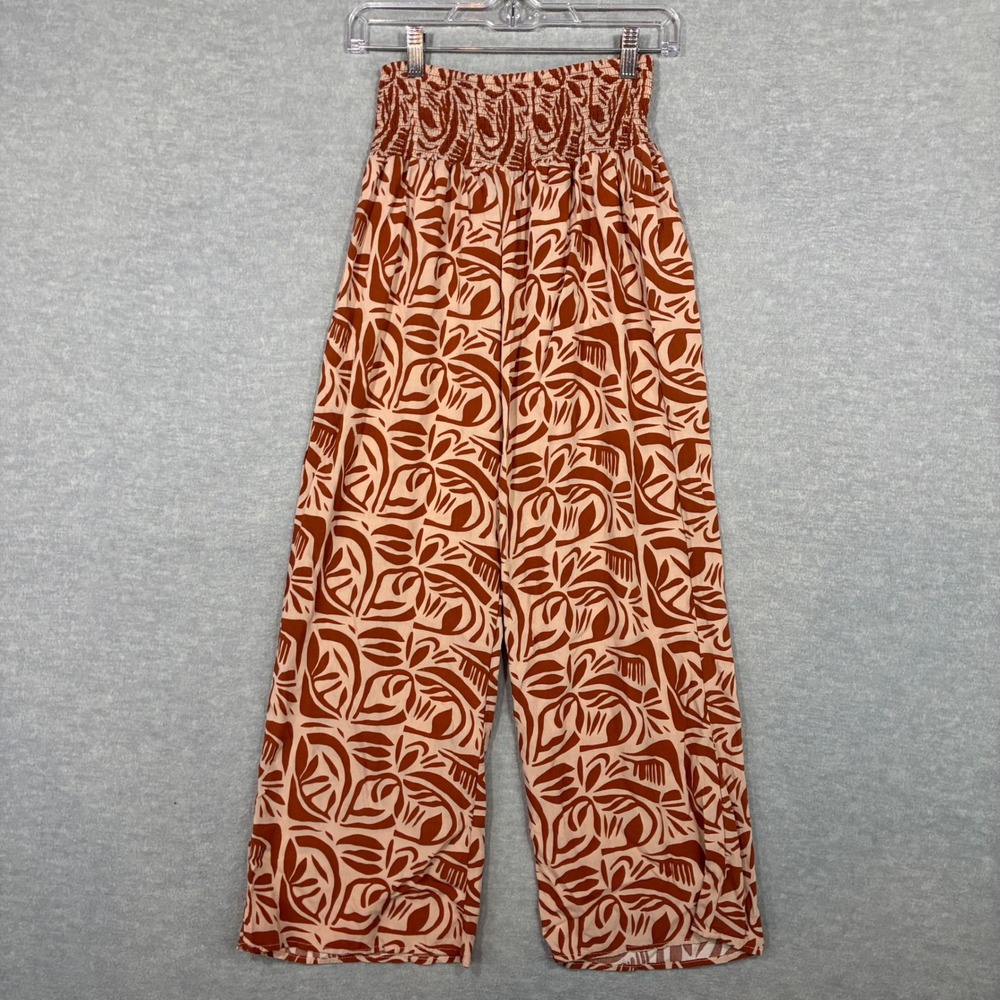 Classic Concepts Rust Abstract Leaf Print Smocked Wide Leg Pants Medium Viscose